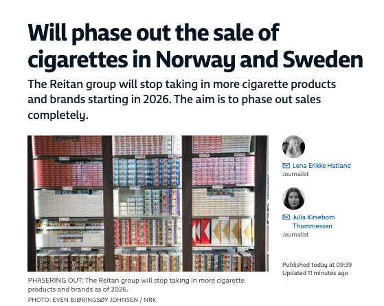 Good news for public health in Norway and Sweden! Cigarettes will be phased  out of several convenience stores - including 7-Eleven, Narvesan and  Pressbyrån