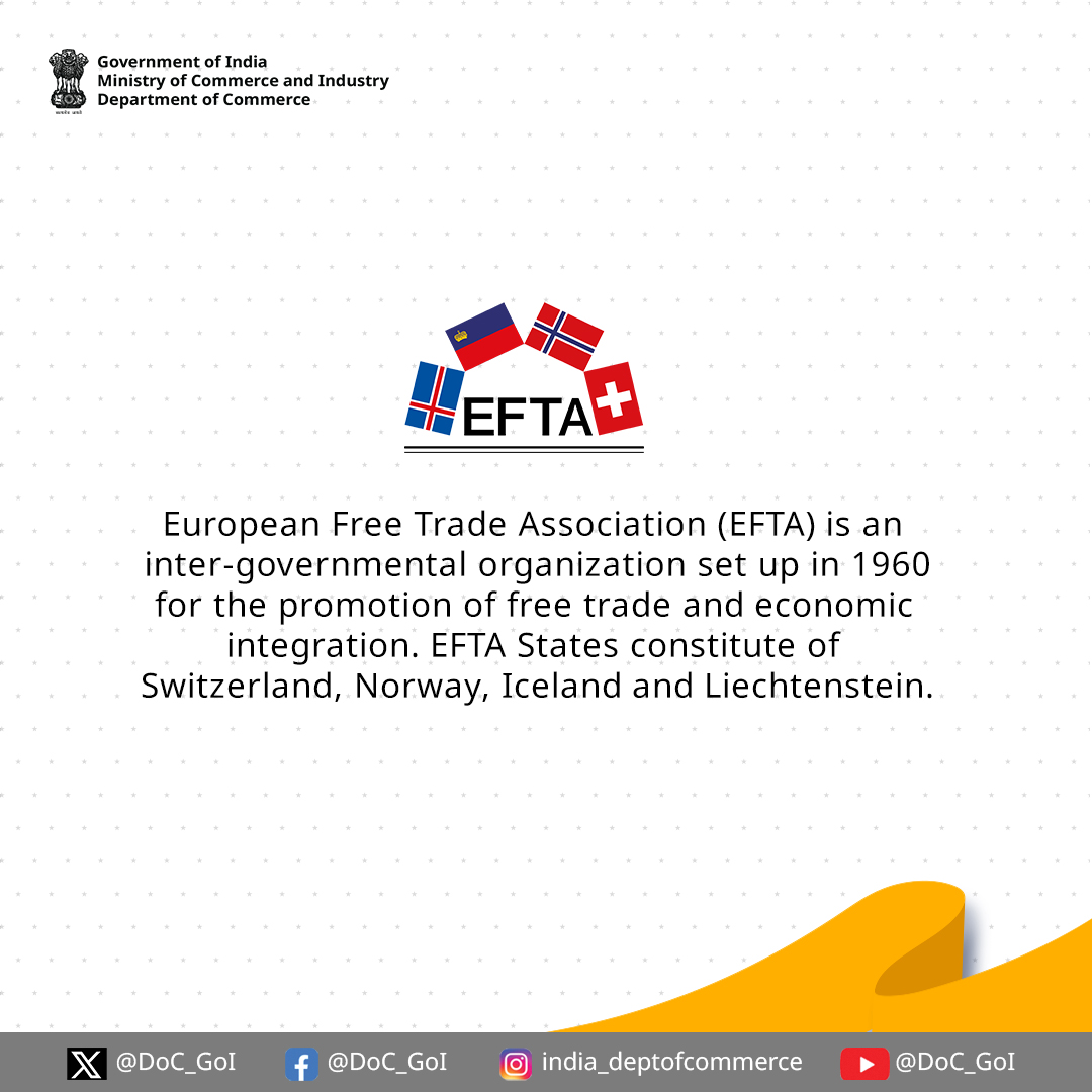 What is EFTA? Established in 1960, the European Free Trade Association promotes free trade and economic integration among Switzerland, Norway, Iceland, and Liechtenstein. #EFTA #DoC_GoI
