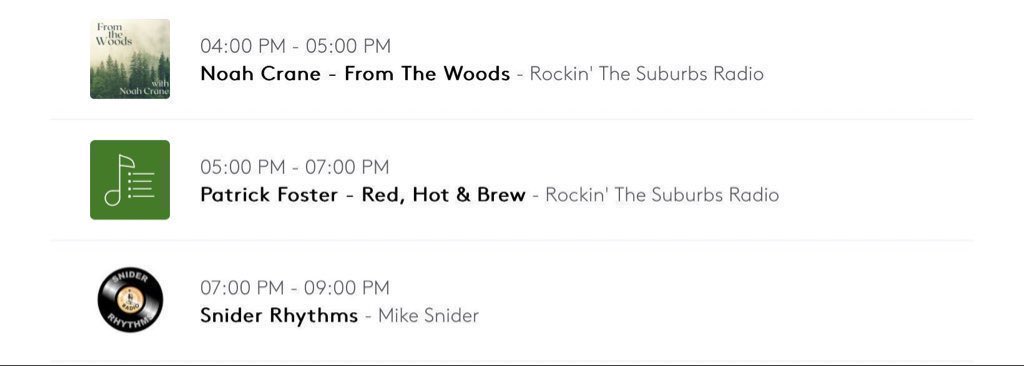Rockin' the Suburbs Radio (@suburbsradio) on Twitter photo Today on Suburbs Radio:
4 PM ET: From The Woods w/ <a href="/FromTheWoods79/">FromTheWoods</a>
5 PM: Red, Hot & Brew w/<a href="/themrpatty/">Pat Foster</a>
7 PM: Snider Rhythms w/ <a href="/MikeSnider/">mikesnider</a>
Tune in at Suburbsradio.com or on our dedicated iOS app. Today on Suburbs Radio:
4 PM ET: From The Woods w/ <a href="/FromTheWoods79/">FromTheWoods</a>
5 PM: Red, Hot & Brew w/<a href="/themrpatty/">Pat Foster</a>
7 PM: Snider Rhythms w/ <a href="/MikeSnider/">mikesnider</a>
Tune in at Suburbsradio.com or on our dedicated iOS app.