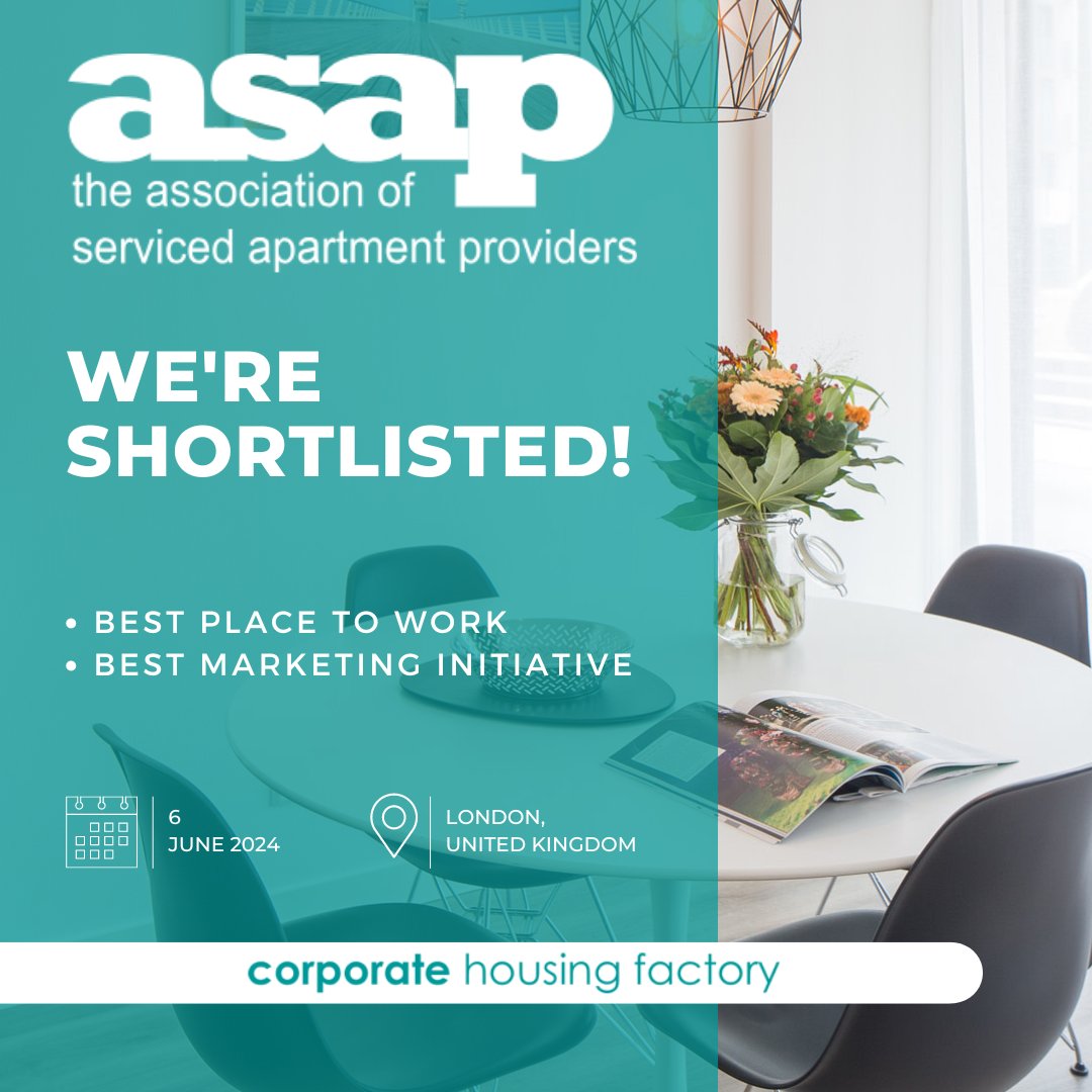 After last week's announcement of the shortlist, we're buzzing to share some fantastic news: We've been shortlisted for not one, but TWO categories in the upcoming!
 
🏆 Best Place to Work
🏆 Best Marketing Initiative
 
#ASAPAwards #AwardNominations #Shortlist #ServicedApartments