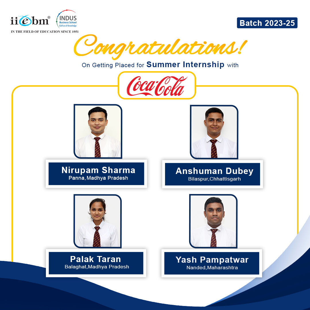 IIEBM is proud to announce that Nirupam, Anshuman, Palak and Yash of Batch 2023-2025 have been placed in Cola Cola for the Summer Internship. May you achieve new milestones with your resilience, hard work, and persistence.
#Internship #SummerInternship #WorkExperience #IIEBM