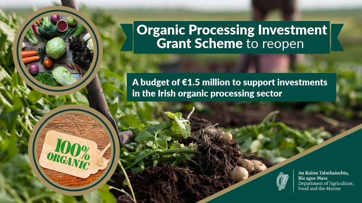 It's been announced today that the Organic Processing Investment Grant Scheme (OPIG) will reopen. This tranche of the scheme has a budget of €1.5 million to support investments in the Irish organic processing sector. 👉gov.ie/en/press-relea…