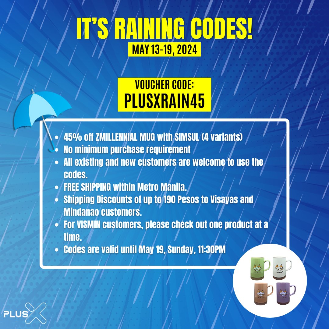 PLUSXPH's tweet photo. IT'S RAINING CODES! ☔️
Save up to P4,800 when you use our VOUCHER CODES for this SELECTED OFFICIAL MERCH! 🫣
Please read more details on this post.
Codes are valid until May 19, 2024 only!
Grab yours now!
🛒 https://t.co/gtZC5Xnvm7
#PLUSX #XpectTheGreat
#BTS #ZMillennial https://t.co/HwdmYMG3m3
