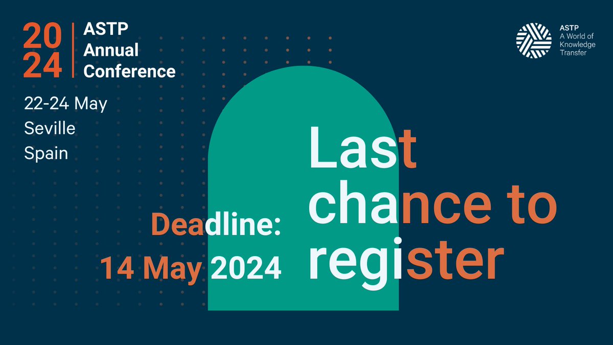 Last chance to register for the largest #KT #TT #KE event in #Europe! 🙌

Take the opportunity to learn from leading experts, #explore new projects, and #expand your network!

You have time till #tomorrow, book now 👉 bit.ly/3tTVTgU

#astp4kt #AC24
