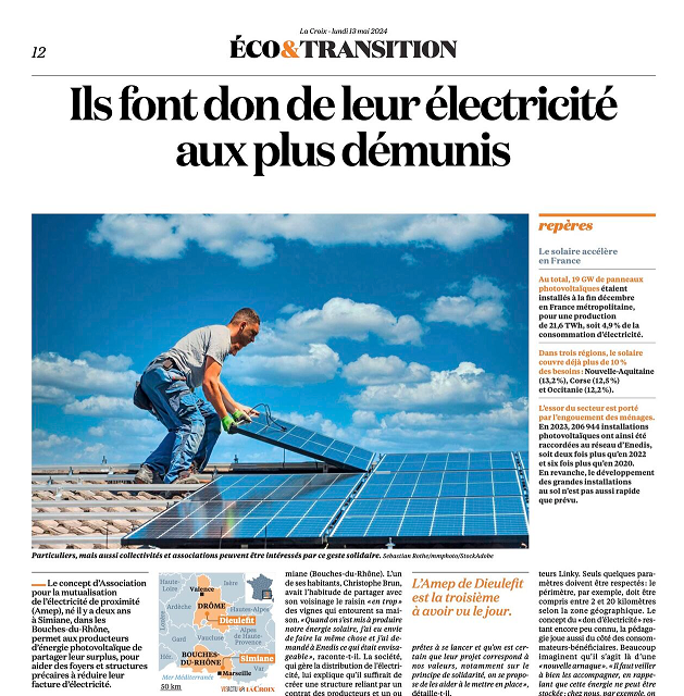 Article d'une pleine page sur le don d'électricité solaire pour construire de nouvelles solidarités locales avec le réseau des @amep_nrj à lire dans @LaCroix 🫶 Il y a déjà 6 AMEP en 🇫🇷, un concept généreux qui prospère 👍