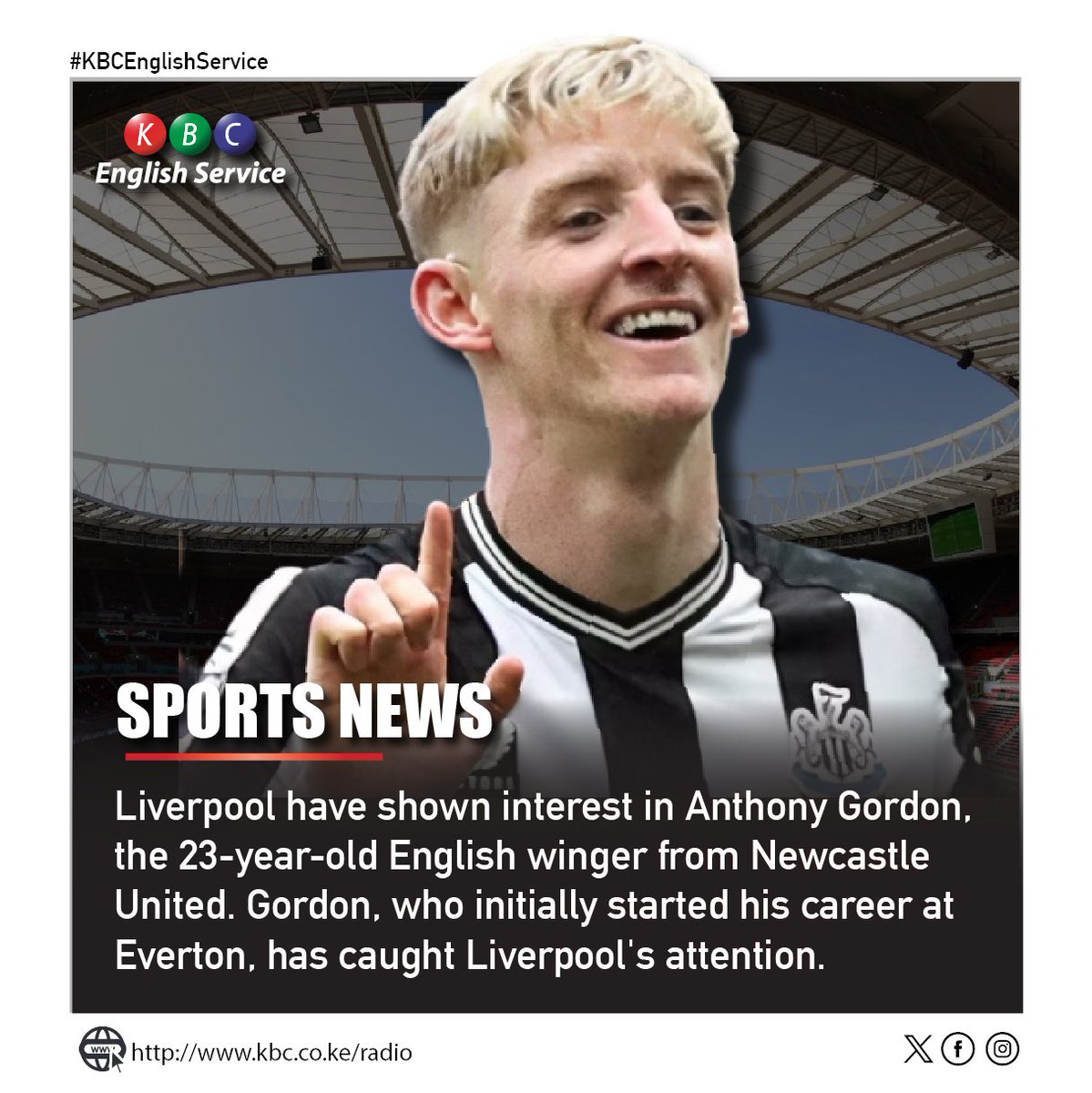Liverpool have shown interest in Anthony Gordon, the 23-year-old English winger from Newcastle United. Gordon, who initially started his career at Everton, has caught Liverpool's attention. ^PMN #KBCEnglishServiceSports #KBCEnglishService