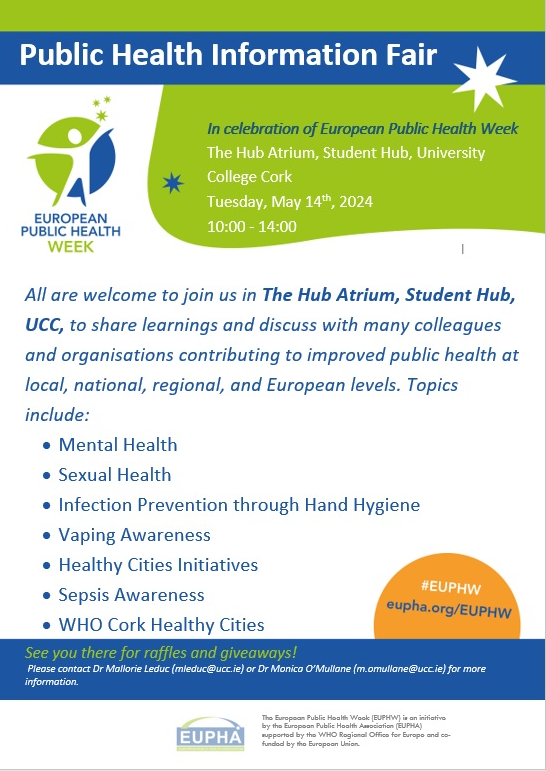 European Public Health Week has arrived! @EUPHActs @EUPHAnxt #EUPHW Please join us tomorrow @UCC for a Public Health Information Fair. Please spread the word and retweet! @SHC_Cork @HSELive @PublicHealthSth @CorkHealthyCity @UCCPublicHealth @JoeLeogue @CarolineSeacy