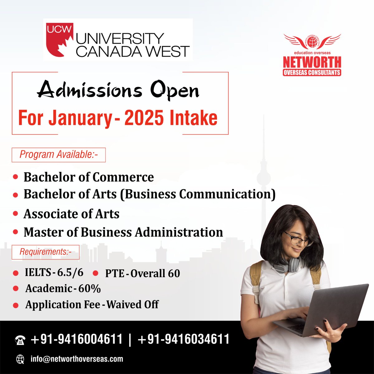 🇨🇦 🇨🇦🍁 Study in Canada 🇨🇦 🇨🇦 🍁

❗️University Canada West Admissions Open For January 2025 Intake ❗️
 instagram.com/networthimmigr…
.
.
#networthimmigrationsolutions #Canada #CanadaVisa #ImmigrationConsultant #ImmigrationExpert #Visaconsultant #MovetoCanada #ImmigratetoCanada