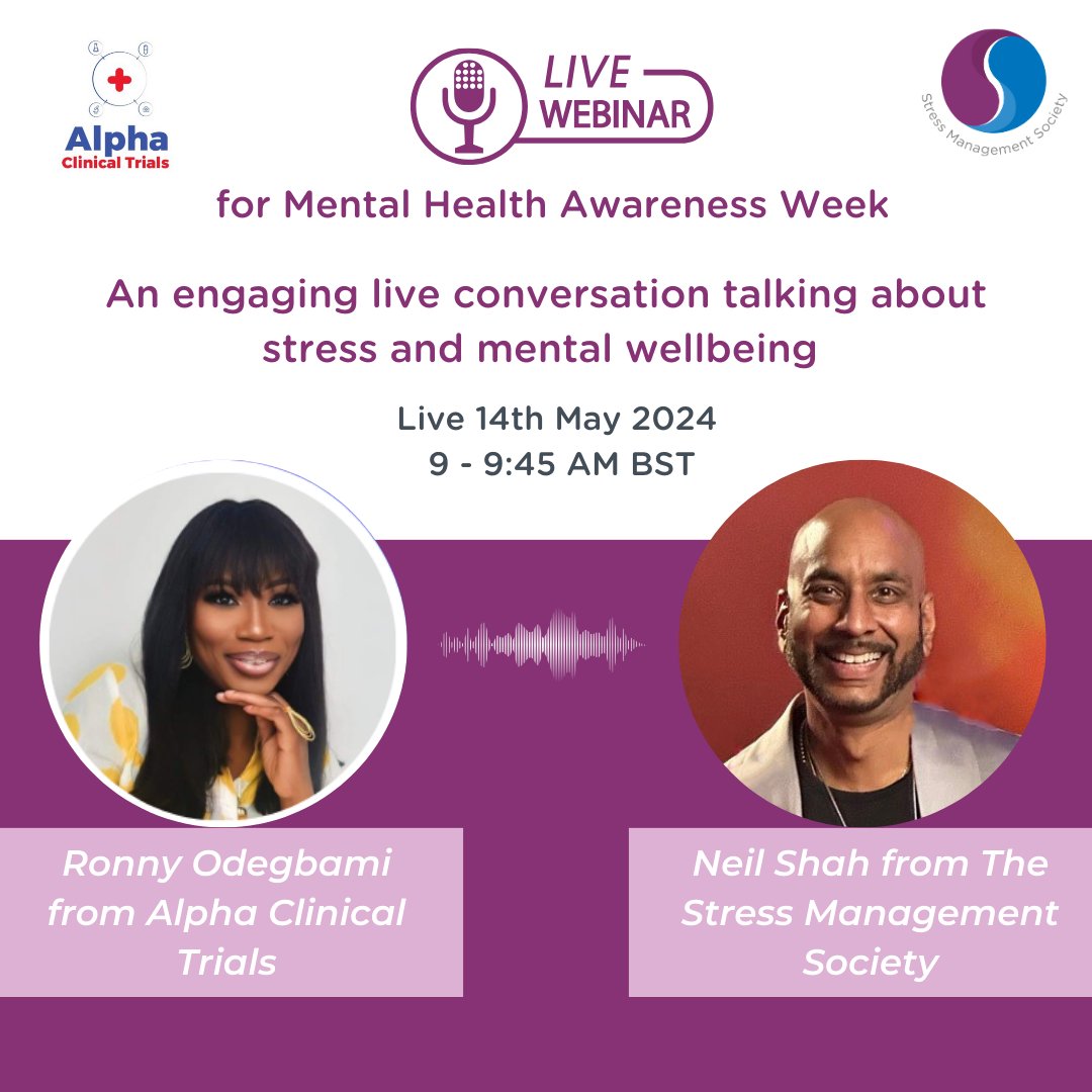 Join Neil and Ronny Odegbami, founder of Alpha Medical Trials for a live webinar on May 14, 2024 at 9:00am to 9:45am as they discuss issues related to Mental Health as well as Stress. 
Click the link below to join:
lnkd.in/dqWazFg9