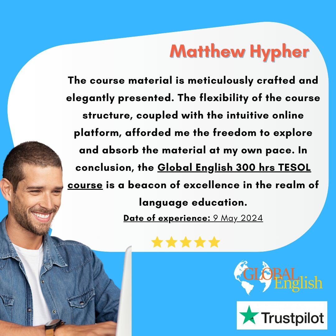 A happy Global English graduate & a 5-star review on @Trustpilot to kick off the week 🥳 Looking for a #TESOL course? Visit global-english.com 👈

#tefl #teachertwitter  #tesolcertificate #teflcourse #TEFLCertification #course #teach #englishtutor #tefljobs #englishtips
