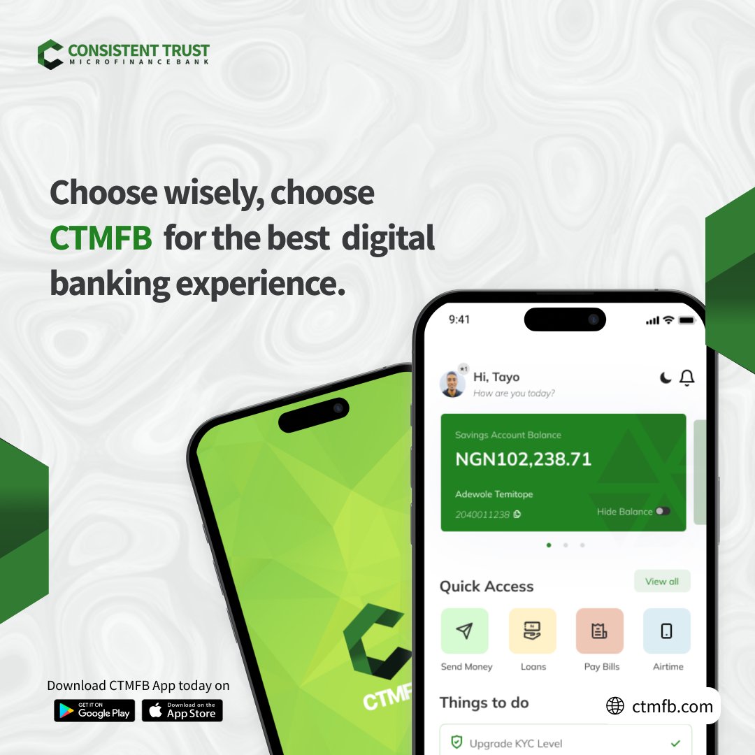 Choose wisely, choose  CTMFB  for the best digital banking experience.

#mondaymotivation #digitalbanking #bankapp #ctmfb