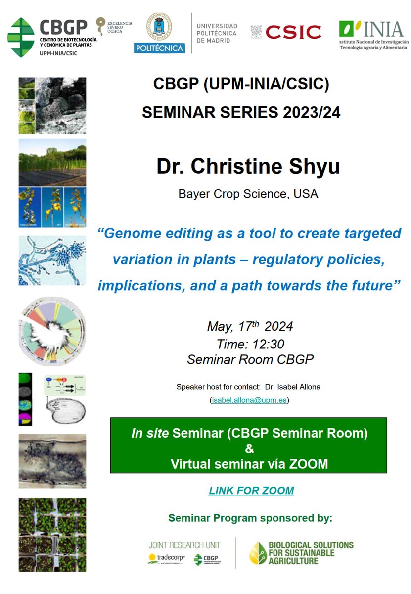 #SeminarCBGP | 17/05/24 - 12:30h 👩🏽‍🔬 @cs_biotech 🌎 @Bayer4CropsUS 📝 Genome editing as a tool to create targeted variation in plants – regulatory policies, implications, and a path towards the future 💻 Zoom ID: 891 8351 8406 | Código de acceso: 805408 #somosUPM
