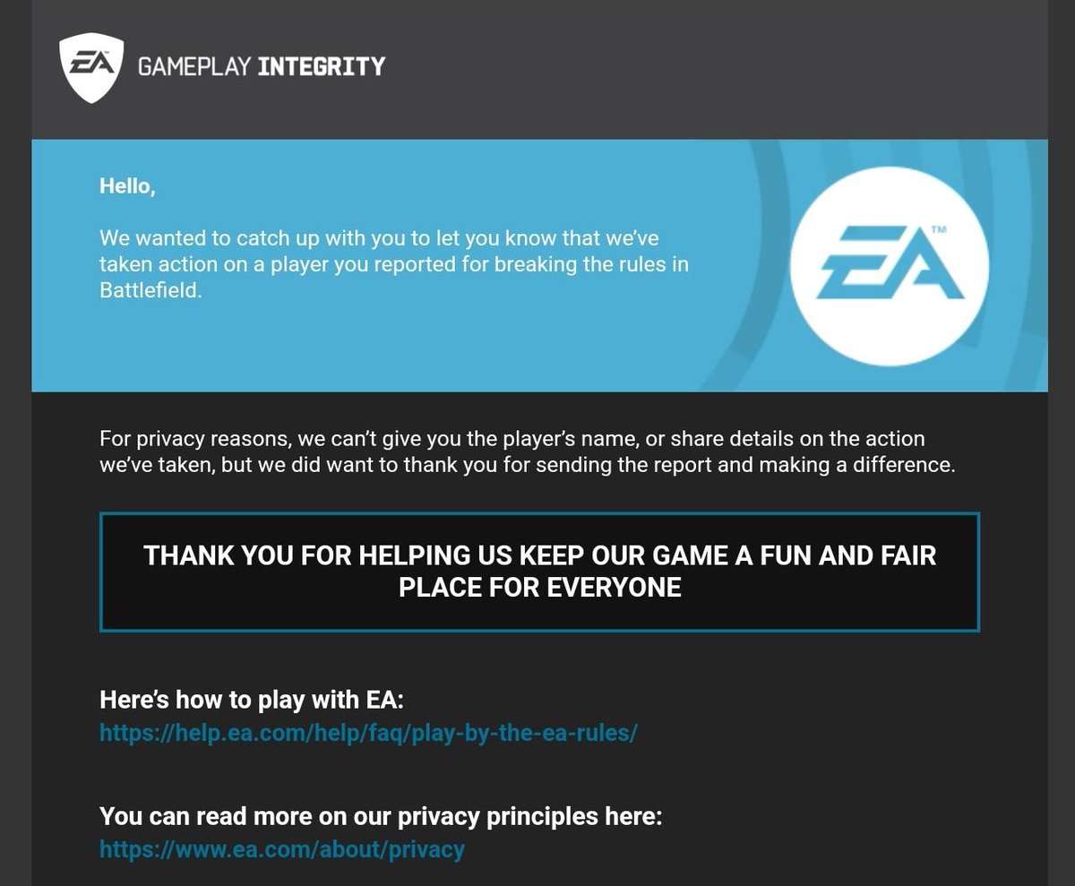 EA has performed a massive ban wave in #Battlefield. If you've reported a cheater, you may have received an email in case they've taken action on a player for breaking the rules 📩
