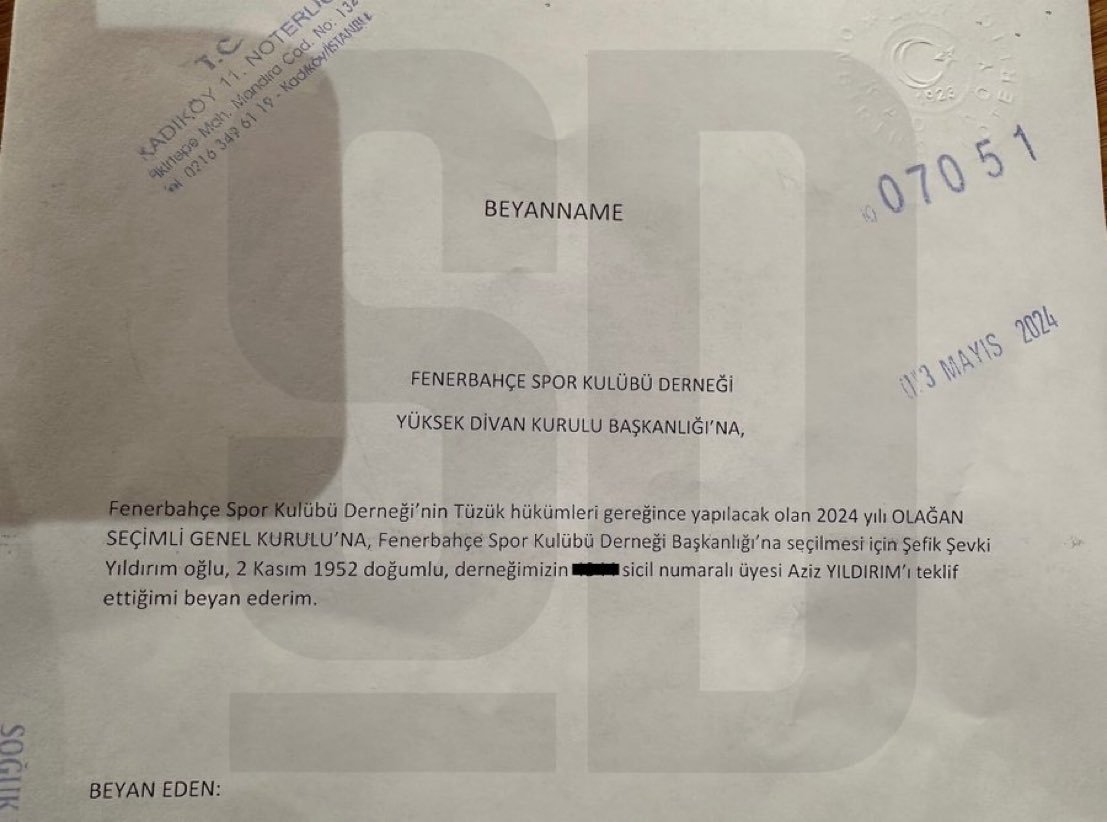 Yağız Sabuncuoğlu: Fenerbahçe Kongre ve Divan üyeleri, Aziz Yıldırım'ın seçimli genel kurulda aday olması için noter imzalı beyanname toplamaya başladı.