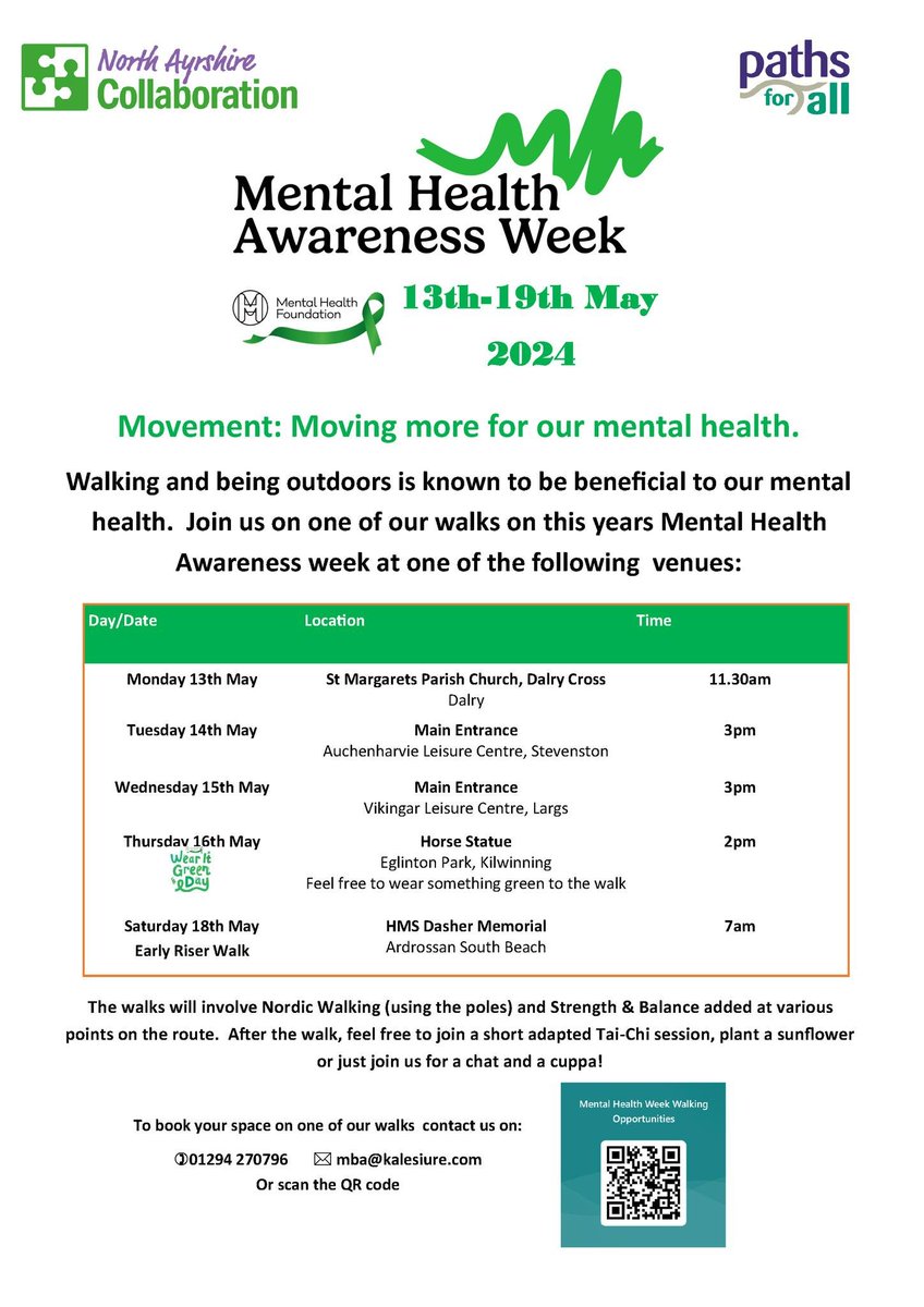 To marks the beginning of Mental Health Awareness Week. @KALeisure are leading a series of walks this week. Why not join in and move more for your mental health? You can register by calling 01294 270796, emailing mba@kaleisure.com, or sign up online at tinyurl.com/3h22b6e3