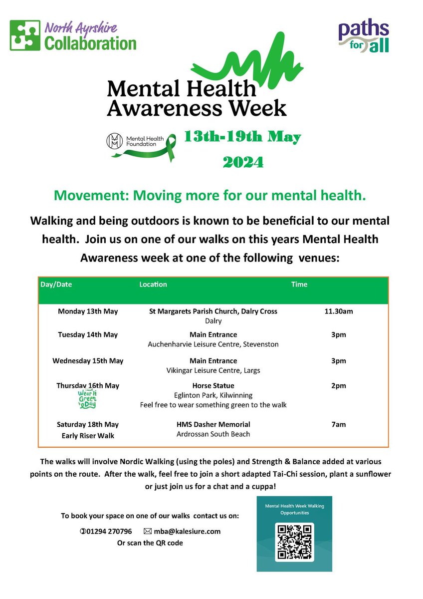North Ayrshire Community Planning Partnership (@nayrshirecpp) on Twitter photo To marks the beginning of Mental Health Awareness Week.
<a href="/KALeisure/">K:A Leisure</a> are leading a series of walks this week. Why not join in and move more for your mental health? You can register by calling 01294 270796, emailing mba@kaleisure.com, or sign up online at tinyurl.com/3h22b6e3 To marks the beginning of Mental Health Awareness Week.
<a href="/KALeisure/">K:A Leisure</a> are leading a series of walks this week. Why not join in and move more for your mental health? You can register by calling 01294 270796, emailing mba@kaleisure.com, or sign up online at tinyurl.com/3h22b6e3