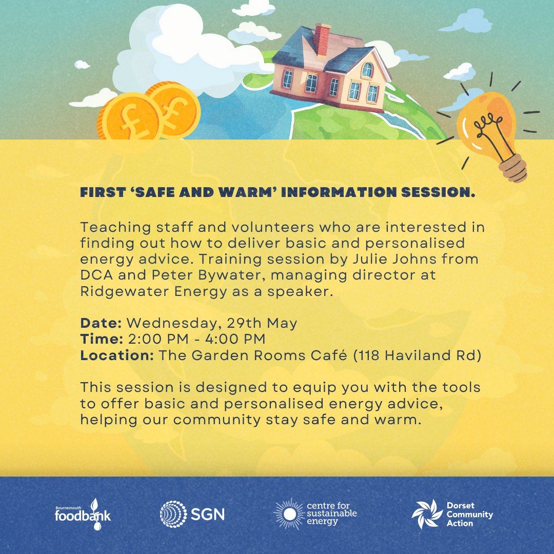 Our first 'Safe & Warm' info and training session is on! Join us on May 29th from 2-4 PM at The Garden Rooms Café for a useful training session! Learn how to deliver basic and personalised energy advice. Training session by Julie Johns from DCA and Peter Bywater, managing