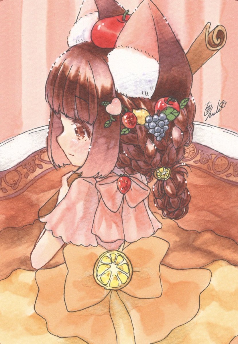 1girl solo blush smile brown hair hair ornament dress  illustration images