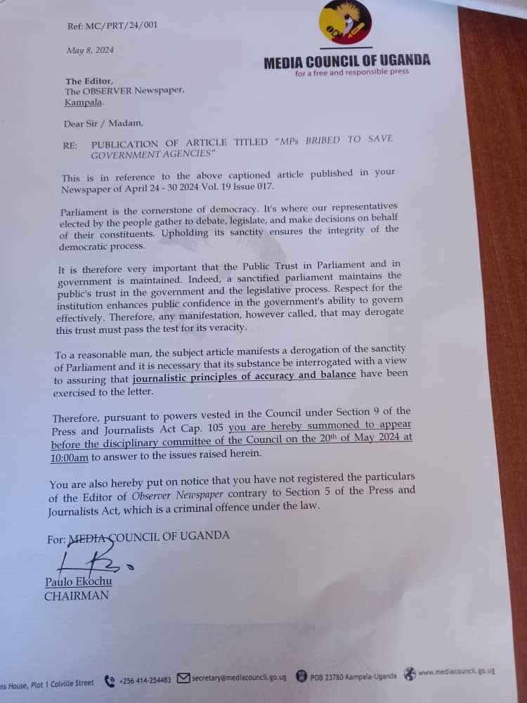 This letter from Media Council to The Observer is as amusing as it’s telling of its actual cynical unprofessional spirit. So @MediaCouncilUg lectures a newspaper that it has a duty to ensure that Parliament is trusted! And that the media house should protect the sanctity of…