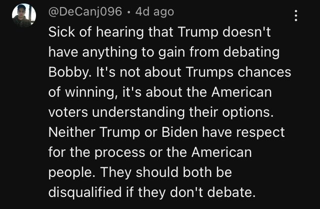 The Libertarian Party has set aside stage time for a debate between Trump and Kennedy at the Libertarian National Convention. 

#RFKJr has accepted. 
Trump is still dancing around the challenge. 🕺 

Give us a straight answer, President Trump: YES or NO?