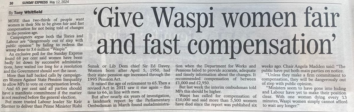 More than ⅔ of general public think #WASPI women should get compensation. @Conservatives and @UKLabour 'dangerously out of step with public opinion'. From @SundayExpres
