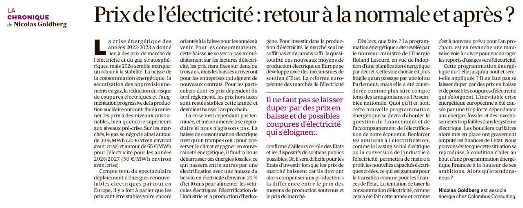 Ma chronique pour le journal @LesEchos : la baisse des prix de gros de l'électricité n'est qu'un trompe-l'œil. La crise sera amenée à se reproduire si nous n'adoptons pas et ne finançons pas une programmation énergétique ambitieuse Qu'attendons-nous? lesechos.fr/idees-debats/e…