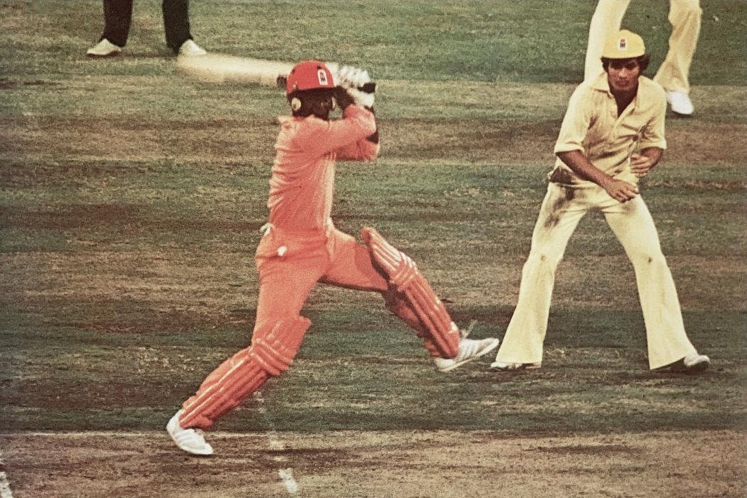 This, apparently, was the first time the WSC West Indians wore this salmon pink livery - it doesn't seem to have put off Lawrence 'Yagga' Rowe, which is doubtless why Kepler Wessels looks less than comfortable