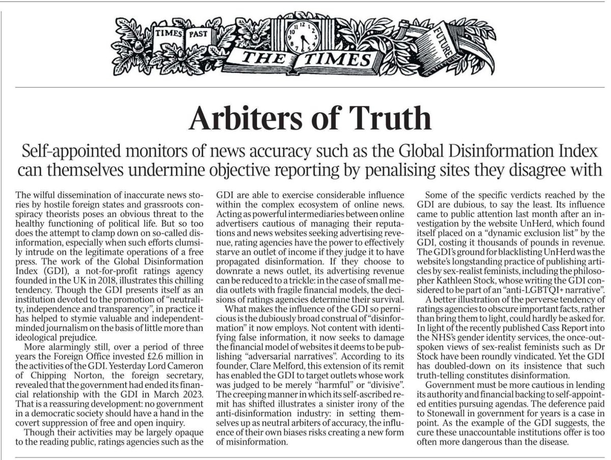 Wow. The Times of London devotes its lead editorial to the pernicious influence of the Global Disinformation Index, saying 'it has helped to stymie valuable and independent-minded journalism on the basis of little more than ideological prejudice.' 🔥