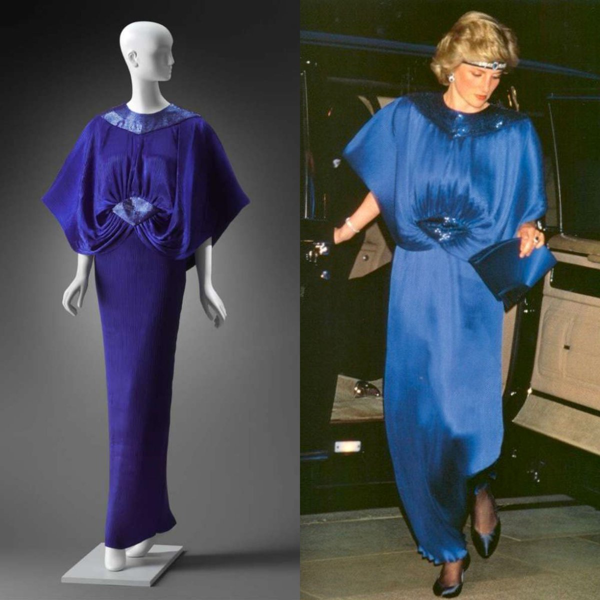 Princess Diana attended a state dinner at the Imperial Palace in Tokyo #OnThisDay in 1986. She wore a royal blue finely pleated silk evening dress with batwing sleeves, embellished with blue glass beads, by Japanese designer Yuki. @mfaboston collection. #PrincessDiana #dress