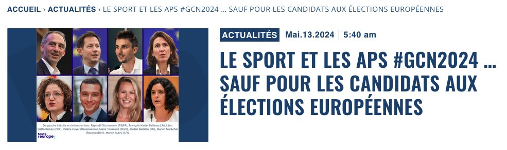 Le sport et les APS #GCN2024 … sauf pour les candidats aux élections Européennes Ce n'est pas comme si dans 2 mois on accueillait les JOP #Paris2024 et qu'en 2024 la #GCN est la promotion du sport. Ce n'est pas comme si on était dans une situation d'urgence face aux problèmes…