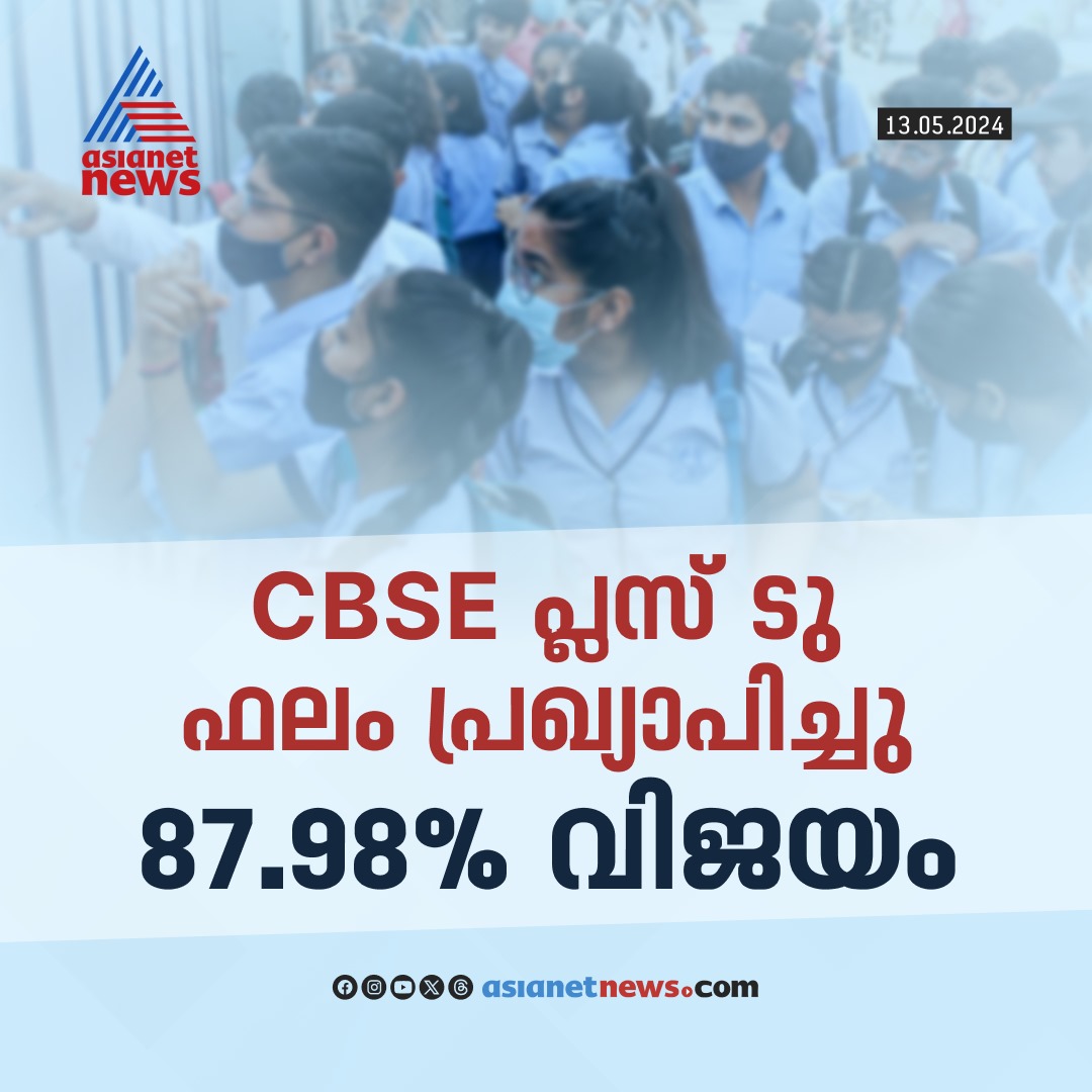 AsianetNewsML's tweet image. CBSE പ്ലസ് ടു ഫലം പ്രഖ്യാപിച്ചു  
🔗 asianetnews.com
#CBSE #PlustwoResults