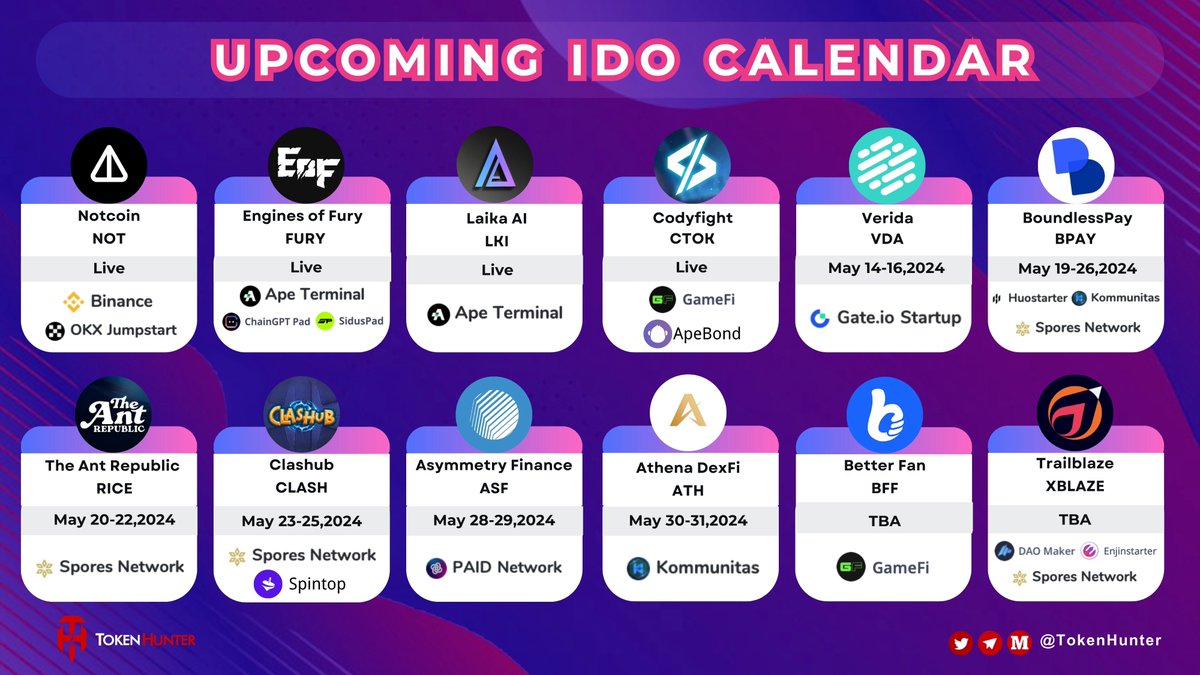 🚀Upcoming #IDO Calendar @thenotcoin @EnginesOfFury @Laika_ai @codyfight @Verida_io @boundlesspay @theantrepublic @theclashub @asymmetryfin @AthenaDexFi @Betterfanapp @Trailblazexyz