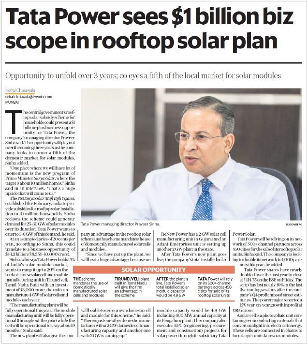 fintrekk's tweet photo. Tata Power sees 1bn$ business in Govt's Rooftop solar programme via its subsidary dealing exclusively with renewables.  

#FCCE  Invest in Clean energy strategy 

https://t.co/YFa00SaCYO https://t.co/iEZMUBQc6b