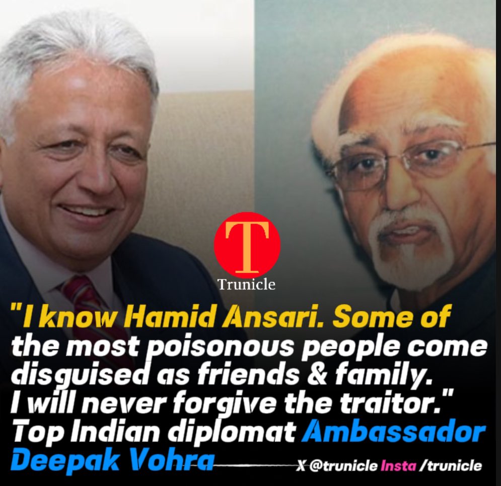 'I know Hamid Ansari. Some of the most poisonous people come disguised as friends & family. I will never forgive the traitor.' says Top Indian diplomat Ambassador Deepak Vohra in an interview. Before you go out and vote remember who made Ansari the Vice President of India to…