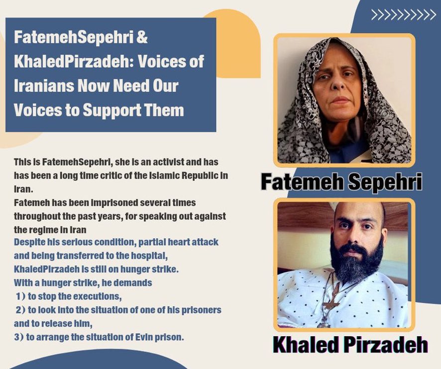 #FatemehSepehri and  #KhaledPirzadeh have been tortured by 
#IRGCterrorists‌
People in #Iran need international support.