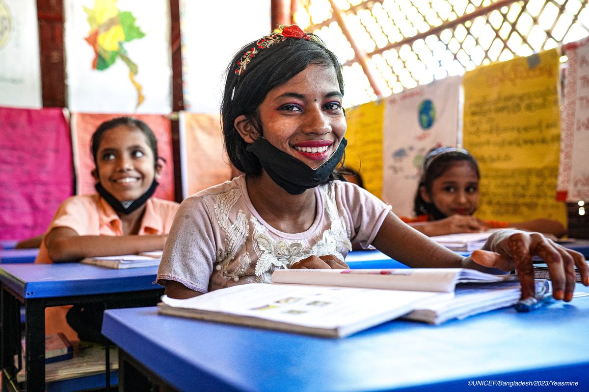 Fatima, 11, is enjoying her lessons in an all-girls class at a UNICEF-supported learning centre in the camps. Thanks to @GPforEducation for supporting 42,000 Rohingya primary students, including girls & children with disabilities, to access learning under the Myanmar Curriculum!