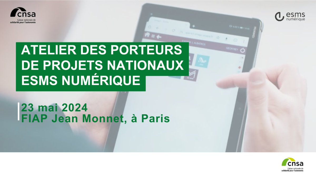 📢 Nouvelle atlas @cnsa_actu des projets #ESMS numérique ▶cnsa.fr/documentation/… 🗓 RDV le 23 mai à 9 heures au FIAP Jean Monnet, Paris, pour l’atelier des porteurs de projets nationaux des professionnels des ESSMS, référents ESMS numérique en ARS et en GRADeS.