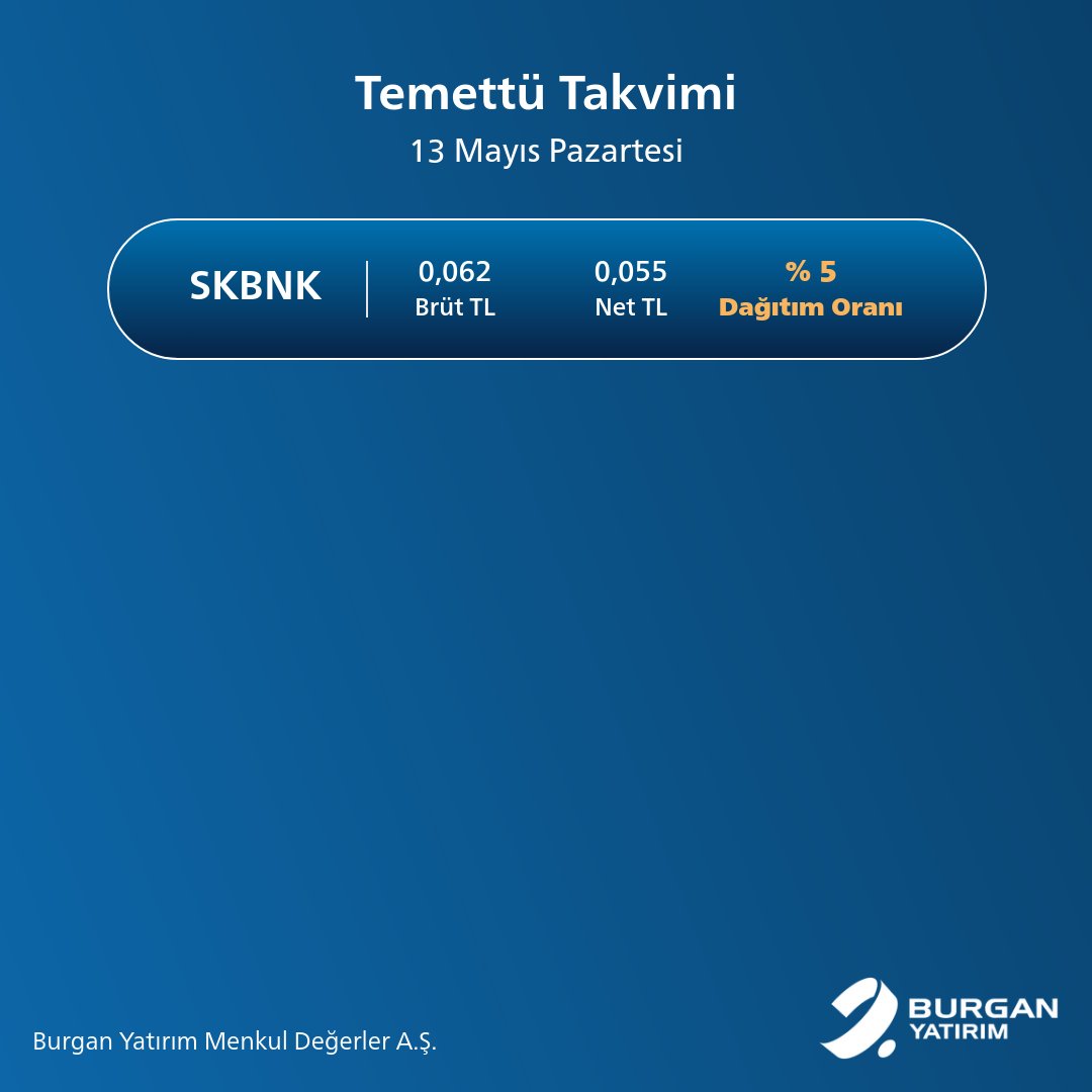 📣 13 Mayıs 2024 tarihinde temettü dağıtacak şirketler: #SKBNK

#Temettü