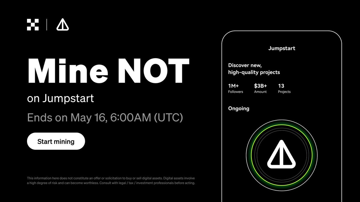 Introducing $NOT @thenotcoin on #OKX Jumpstart!

Add your $TON to the 1,283,990,271 $NOT staking pool to mine $NOT.

🔚 6:00 am on May 16 (UTC)

Details: bit.ly/OKXJumpstart