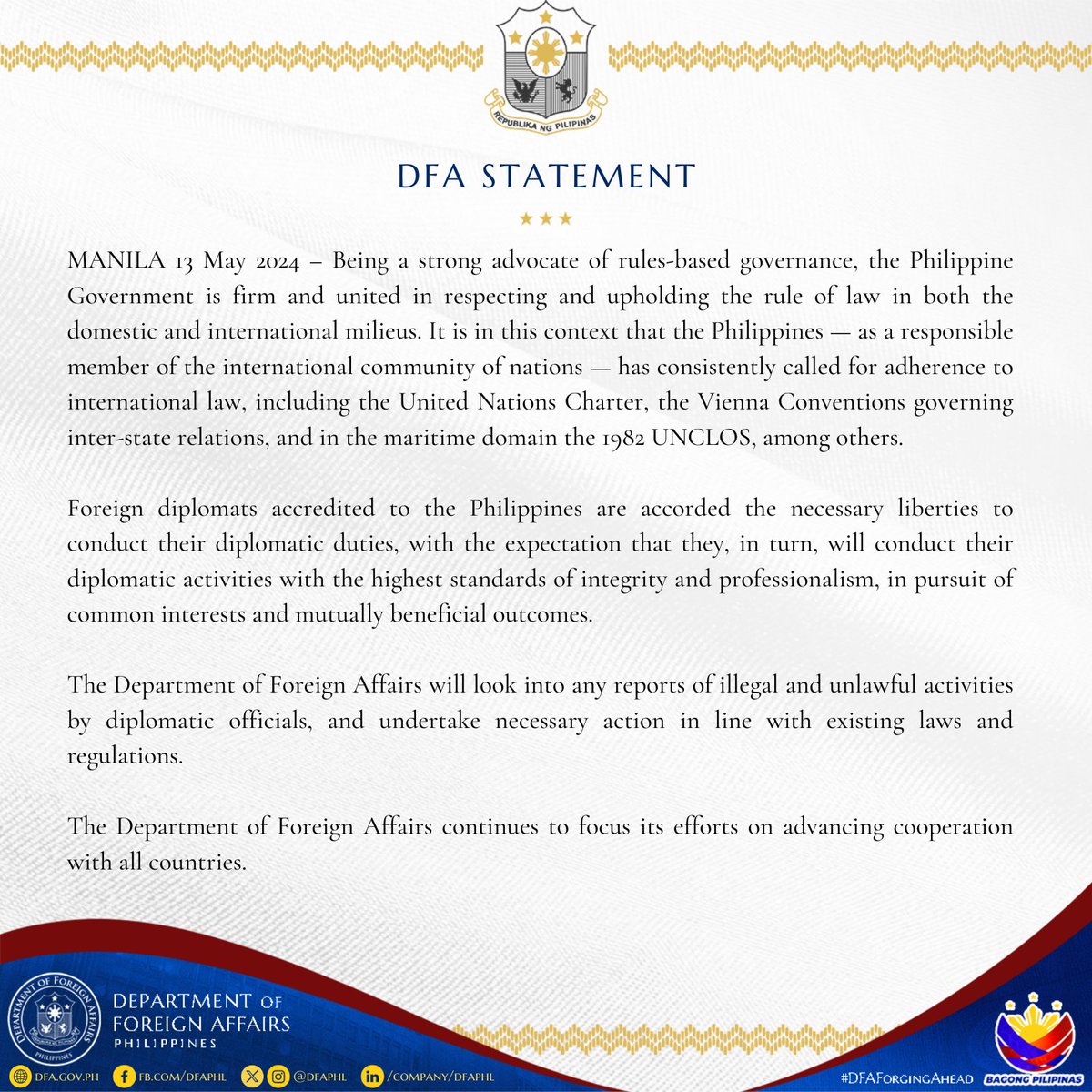 READ #DFAStatement: Being a strong advocate of rules-based governance, the Philippine Government is firm and united in respecting and upholding the rule of law in both the domestic and international milieus. Also found in this link 👉🏻 tinyurl.com/e5mzb59k #DFAForgingAhead