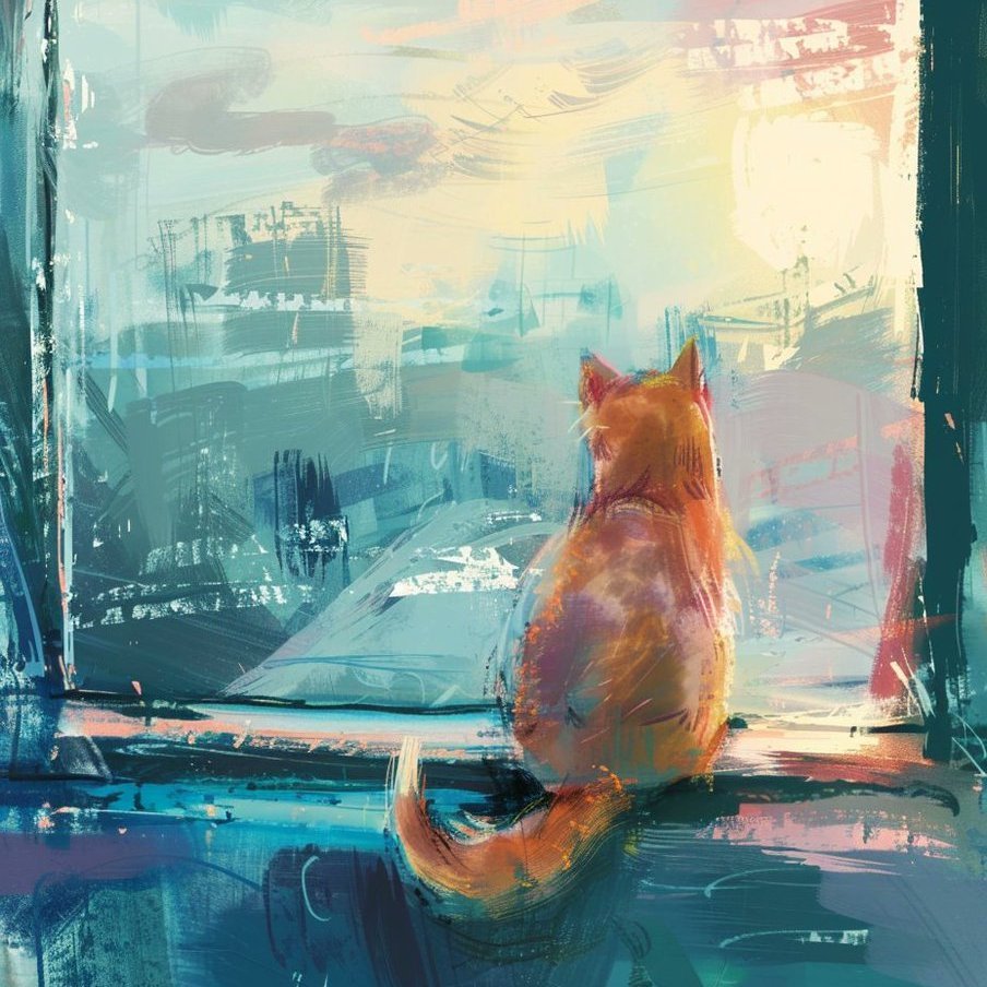 #catsrule Painted cat looks out, in teal