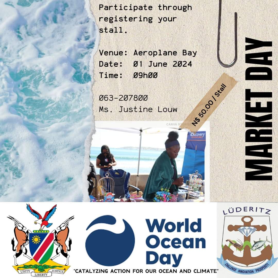 Dear Stakeholders; join us for the World Ocean Day 2024 under the theme, 'catalyzing action for our ocean and climate', register your stall now. #Lüderitz #BecauseWeCare #TogetherWeCan #destinationlüderitz #economictourismandindustrialhub #cityoflüderitz