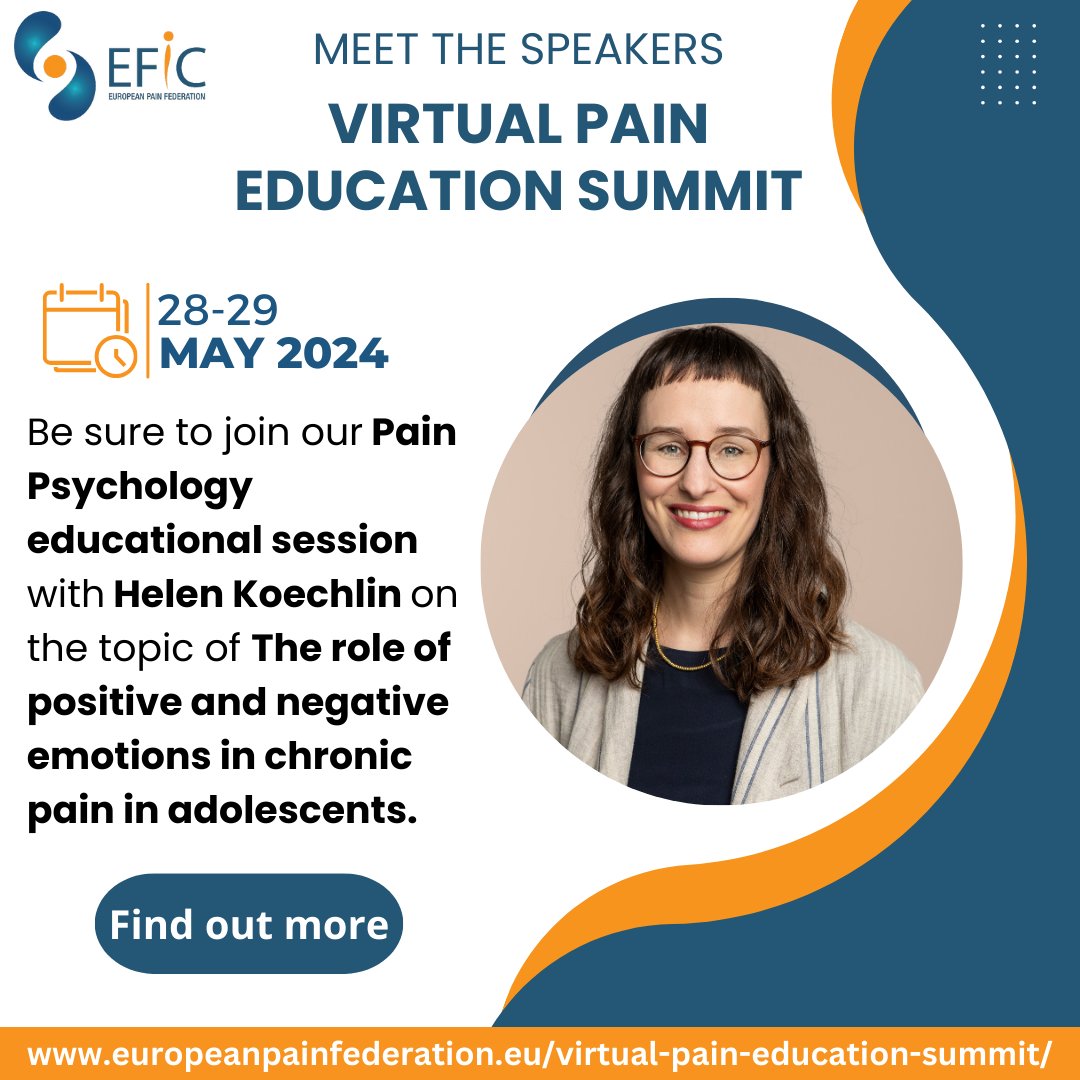 🔬EFIC is proud to announce Helen Koechlin as a speaker for the Psychology Sessions at the EFIC Virtual Pain Summit! This exclusive event is only for #EFICAcademy members. More info at: europeanpainfederation.eu/virtual-pain-e…