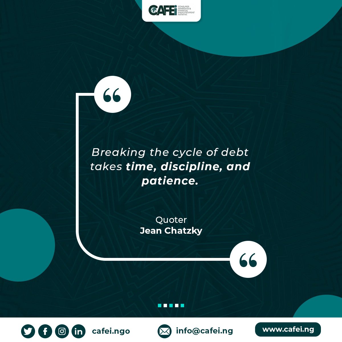 CAFEiNGO's tweet photo. Don’t let debt hold you back. Understand your financial options, and make conscious choices to break free from the cycle of debt.
#cafei #cafeingo #ngo #financialfreedom #financialliteracy #financialindependence #financial #debtfree #debt #debtfreecommunity #monday https://t.co/bu9TVanRxY