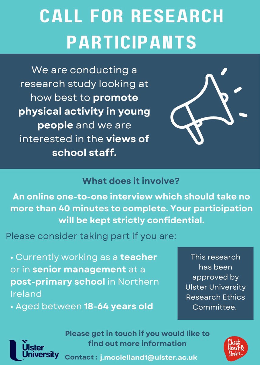 If you work in a post-primary school in NI, we would like to hear from you! 📢  If you are interested in taking part in the below research study, please contact j.mcclelland1@ulster.ac.uk for more information 👇