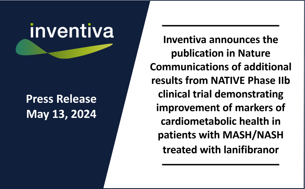 InventivaPharma's tweet photo. Today, we announced the publication in Nature Communications of additional results from NATIVE Phase IIb clinical trial demonstrating improvement of markers of cardiometabolic health in patients with MASH/NASH treated with lanifibranor. 

Learn more: https://t.co/yBoq5GKhWq https://t.co/W2yg04vEz9