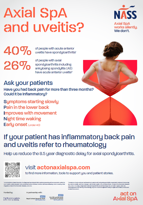 Are you attending @RCOphth annual congress in Belfast? Encounter patients with acute anterior uveitis #AAU? 40% could have #spondyloarthritis including #ankylosingspondylitis. Visit NASS at stand 54 to end the delay to diagnosis in #axialSpA. #EyeConUK #axspa #uveitis