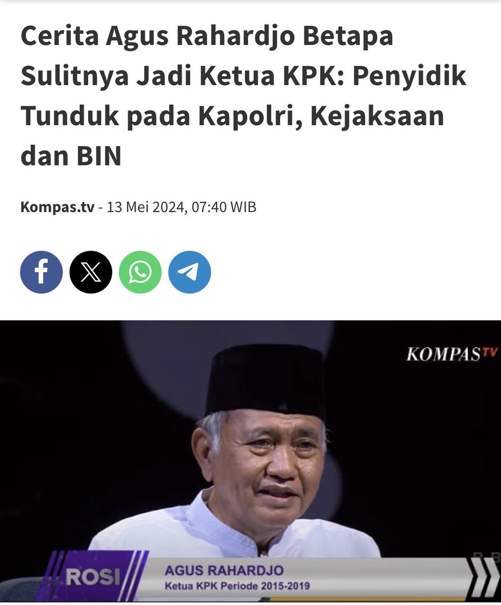 Seharusnya ⁦@KPK_RI⁩ mnjadi lembaga adhoc yg independent tp memang sulit menjadi independent kalo unsur2 yg punya kepentingan ada di dalemnya. Serba salah juga sih. Mungkin ada benarnya jg kalo misalnya paling tdak KETUA KPK bs dipilih yg independent kompas.tv/nasional/50687…