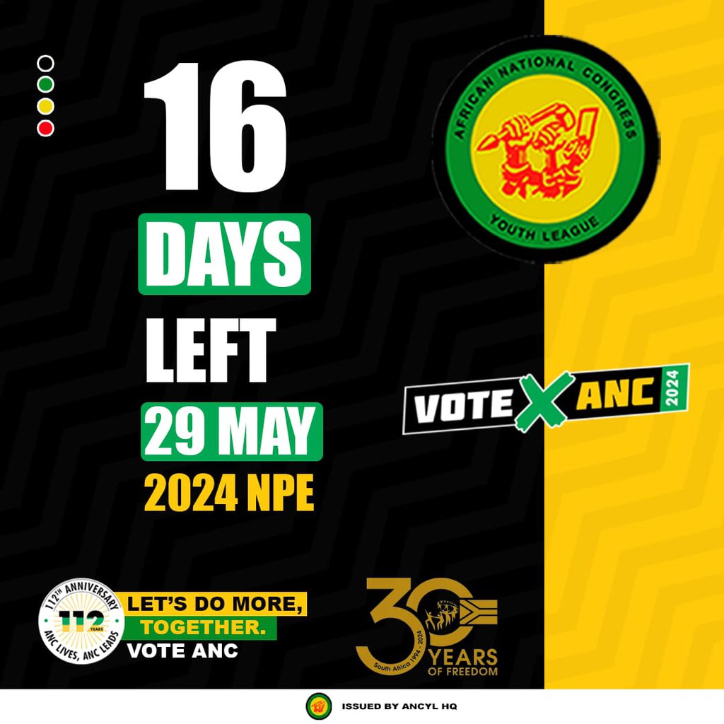 16 Days to go until the 2024 National and Provincial Elections on the 29th of May 2024! 1st Ballot: #VoteANC ❎ 2nd Ballot: #VoteANC ❎ 3rd Ballot: #VoteANC ❎ #VoteANC2024 #LetsDoMoreTogether ⚫️🟢🟡