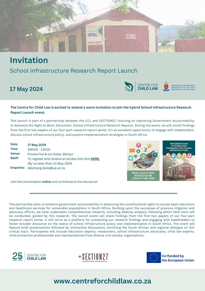 [EVENT] Calling all education advocates! Join CCL & @SECTION27 for a hybrid launch of our School Infrastructure Research Reports on 17 May 24. Unveiling findings & discussing policy/implementation. Register🔗forms.office.com/r/HNwBPMwAT7 #FixOurSchools #SafeSchools @EUinSA @DBE_SA